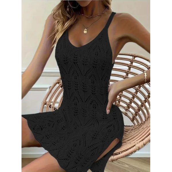 Kadın Askılı Desenli Yandan Yırtmaçlı Triko Elbise