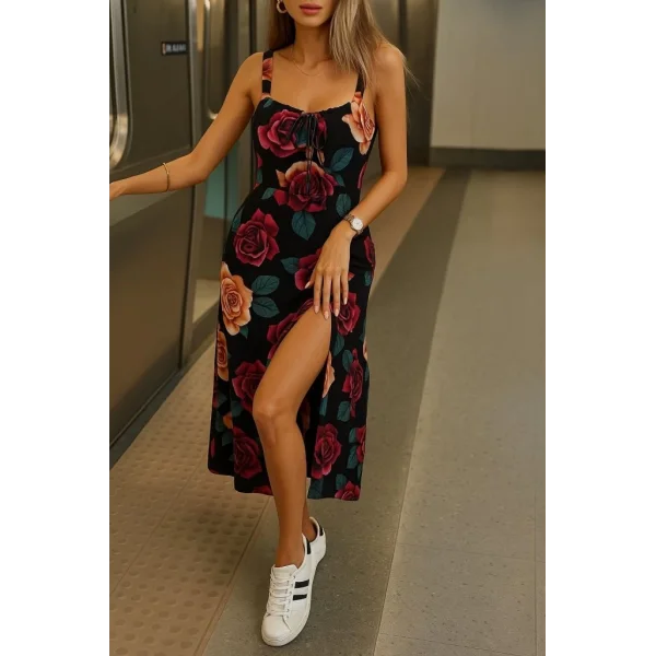 Kadın Askılı Geniş V Yakalı Sırttan Bağlamalı Yırtmaçlı Süprem Elbise