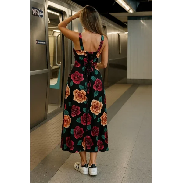 Kadın Askılı Geniş V Yakalı Sırttan Bağlamalı Yırtmaçlı Süprem Elbise