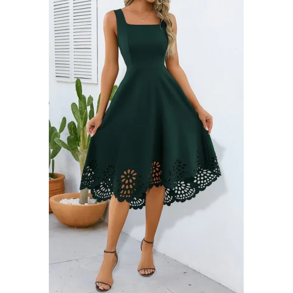 Kadın Askılı Geometrik Yaka çiçek Lazer Kesim Ithal Krep Elbise