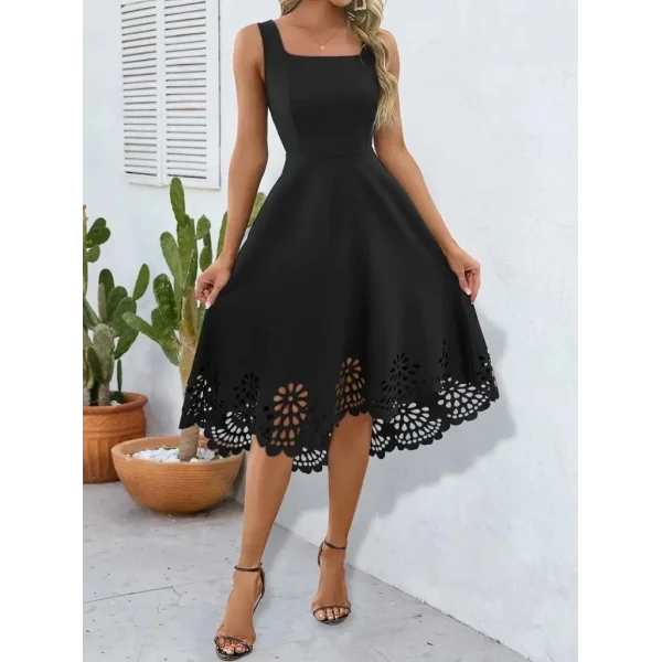 Kadın Askılı Geometrik Yaka çiçek Lazer Kesim Ithal Krep Elbise