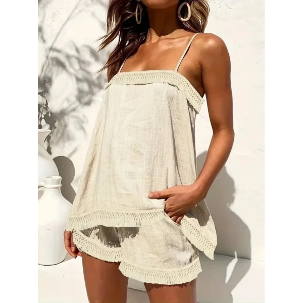 Kadın Askılı Geometrik Yaka Püskül Detay Keten Alt üst Takım