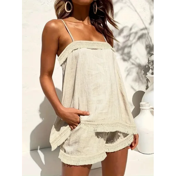 Kadın Askılı Geometrik Yaka Püskül Detay Keten Alt üst Takım