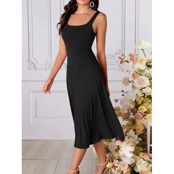 Kadın Askılı Geometrik Yakalı Geniş Kesim Detaylı Ithal Krep Elbise