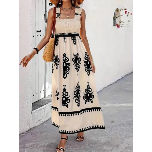 Kadın Askılı Kare Yaka Gipe Detaylı Desenli Suprem Elbise