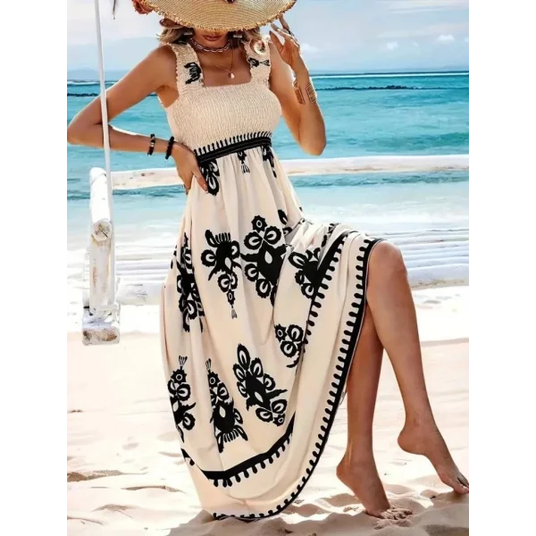 Kadın Askılı Kare Yaka Gipe Detaylı Desenli Suprem Elbise