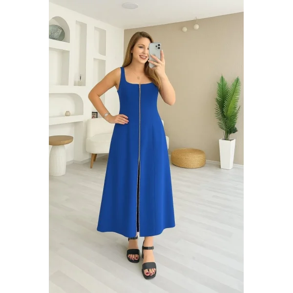 Kadın Askılı Kare Yaka önden Fermuarlı Geniş Kesim Janjan Krep Elbise