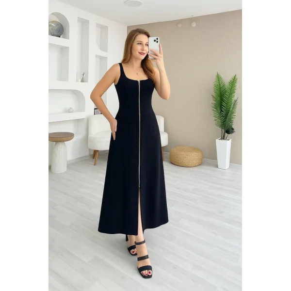 Kadın Askılı Kare Yaka önden Fermuarlı Geniş Kesim Janjan Krep Elbise