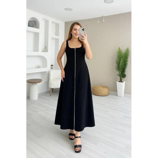 Kadın Askılı Kare Yaka önden Fermuarlı Geniş Kesim Janjan Krep Elbise