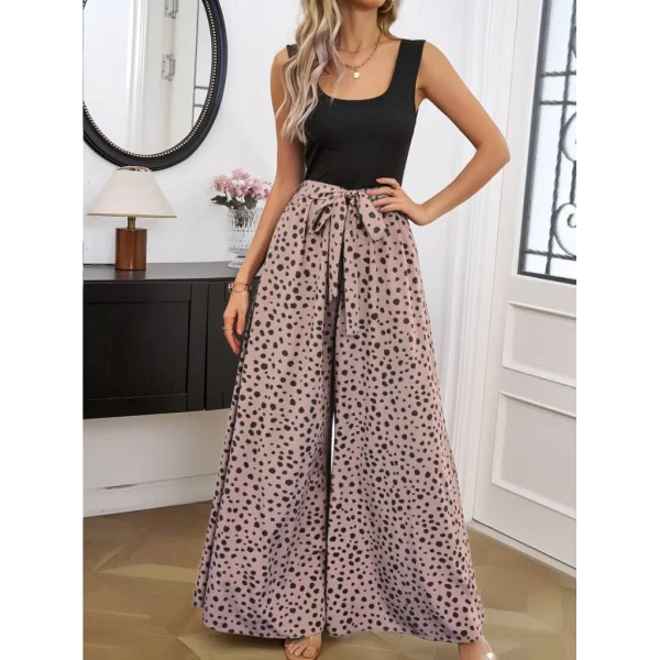 Kadın Askılı Kare Yaka üstü Düz Altı Desenli Bol Paça Sandy Tulum