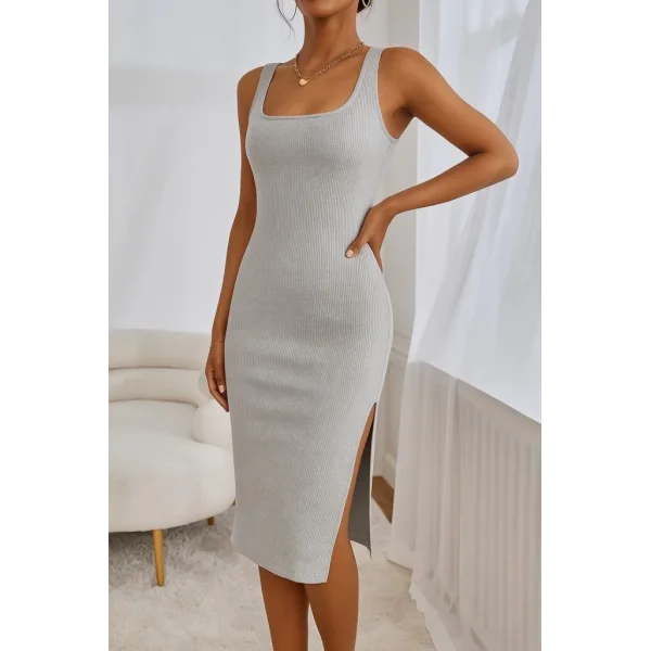 Kadın Askılı Kare Yaka Yandan Yırtmaçlı Midi Kaşkorse Elbise