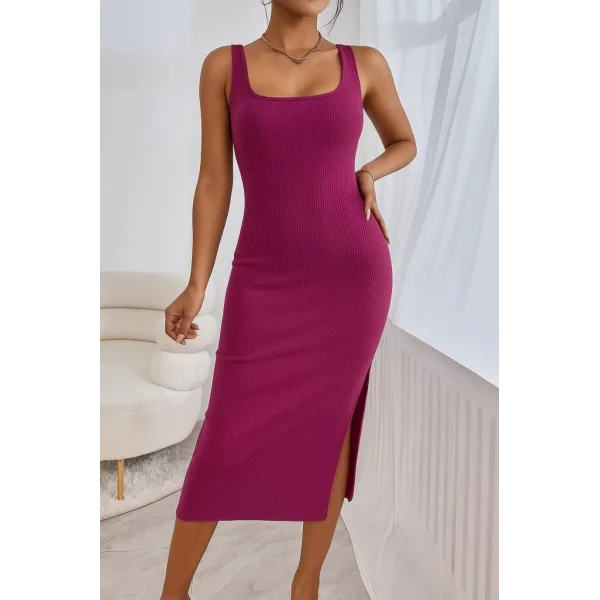 Kadın Askılı Kare Yaka Yandan Yırtmaçlı Midi Kaşkorse Elbise