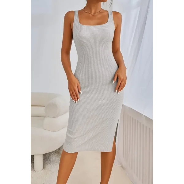 Kadın Askılı Kare Yaka Yandan Yırtmaçlı Midi Kaşkorse Elbise