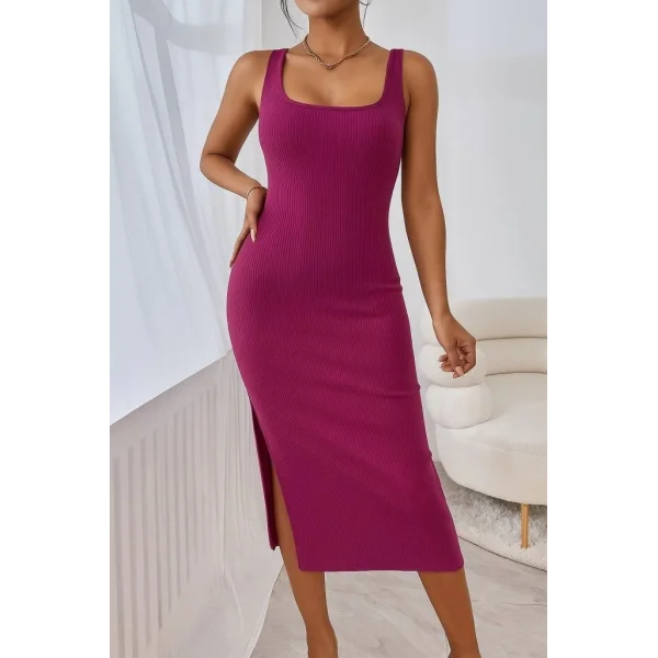 Kadın Askılı Kare Yaka Yandan Yırtmaçlı Midi Kaşkorse Elbise