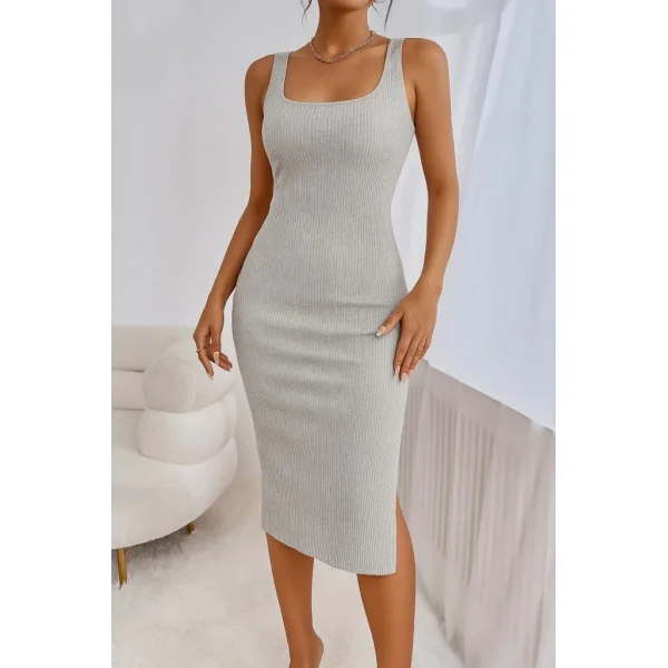 Kadın Askılı Kare Yaka Yandan Yırtmaçlı Midi Kaşkorse Elbise