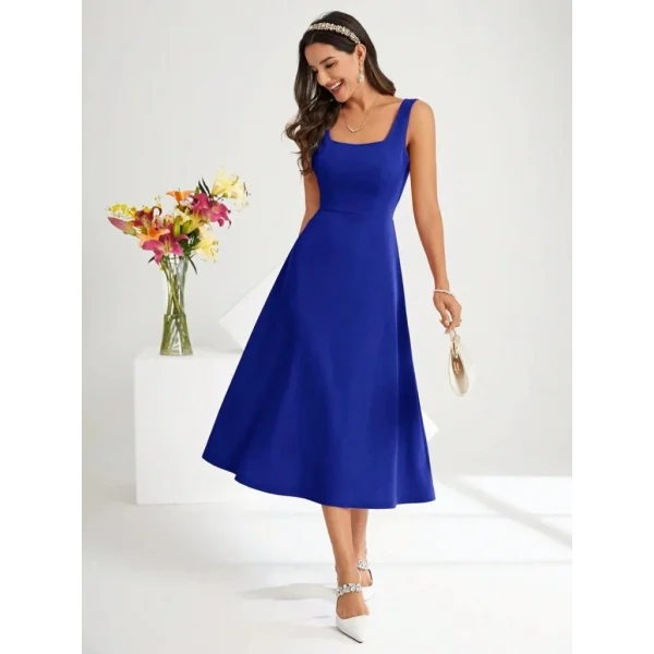 Kadın Askılı Kare Yakalı Midi Ithal Krep Elbise