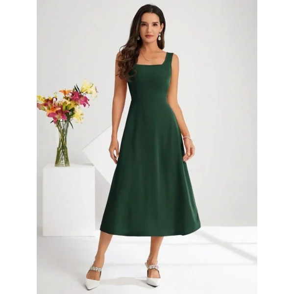 Kadın Askılı Kare Yakalı Midi Ithal Krep Elbise