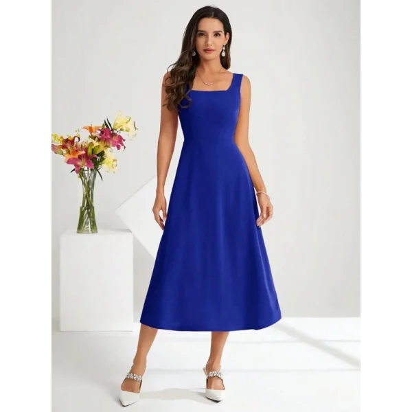 Kadın Askılı Kare Yakalı Midi Ithal Krep Elbise