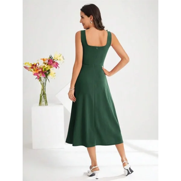 Kadın Askılı Kare Yakalı Midi Ithal Krep Elbise