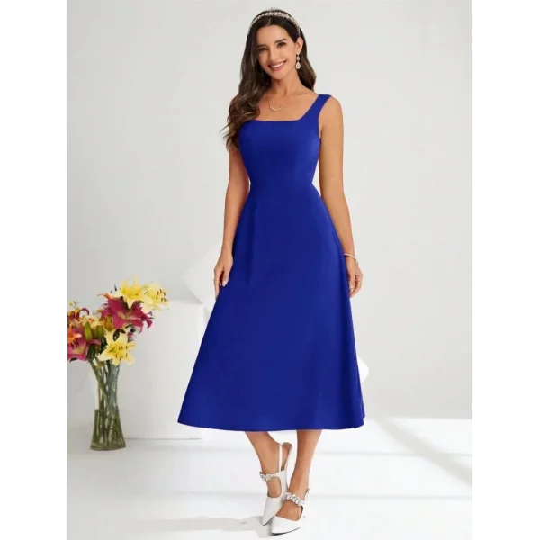 Kadın Askılı Kare Yakalı Midi Ithal Krep Elbise