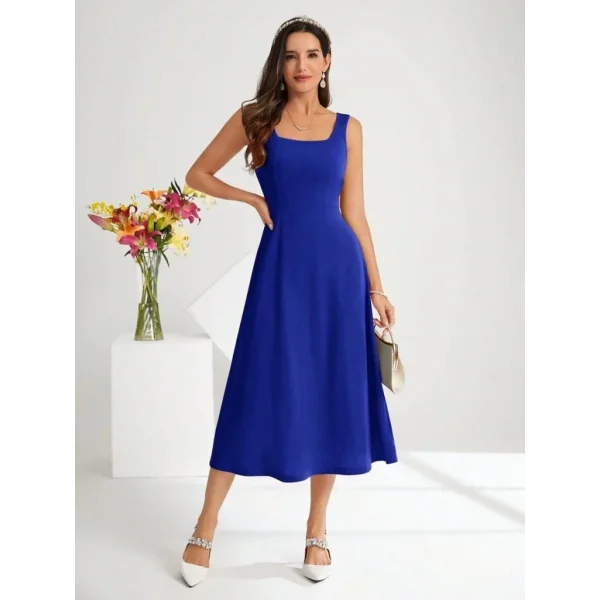 Kadın Askılı Kare Yakalı Midi Ithal Krep Elbise