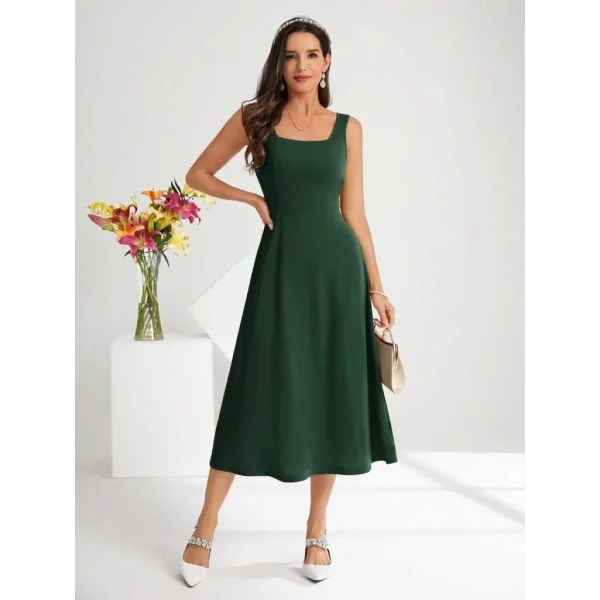 Kadın Askılı Kare Yakalı Midi Ithal Krep Elbise