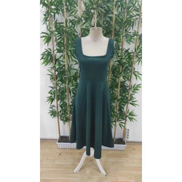 Kadın Askılı Kare Yakalı Midi Ithal Krep Elbise