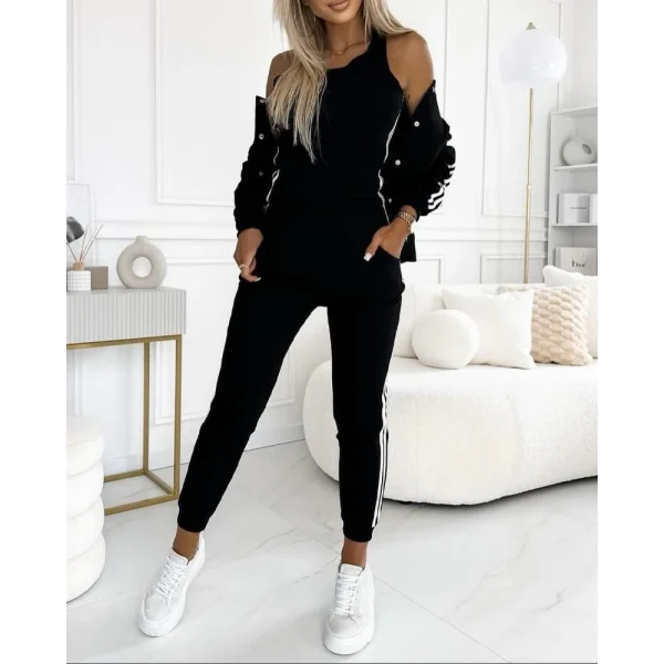 Kadın Askılı Kısa Iki Iplik Krop Bluz Uzun Kollu önden çıtçıtlı şerit Detaylı Ceket Ve Pantolon üçlü Takım