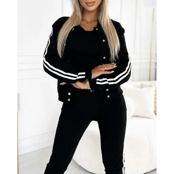 Kadın Askılı Kısa Iki Iplik Krop Bluz Uzun Kollu önden çıtçıtlı şerit Detaylı Ceket Ve Pantolon üçlü Takım