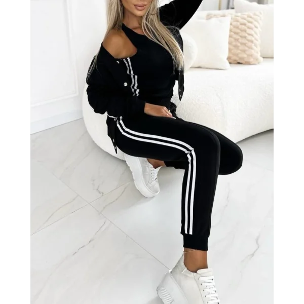 Kadın Askılı Kısa Iki Iplik Krop Bluz Uzun Kollu önden çıtçıtlı şerit Detaylı Ceket Ve Pantolon üçlü Takım