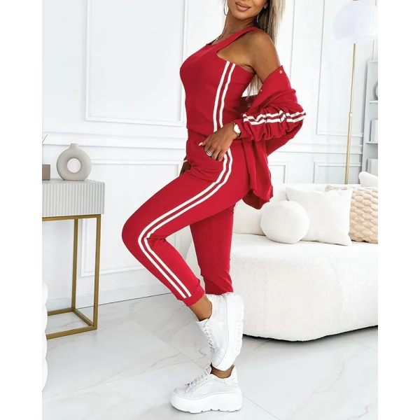 Kadın Askılı Kısa Iki Iplik Krop Bluz Uzun Kollu önden çıtçıtlı şerit Detaylı Ceket Ve Pantolon üçlü Takım
