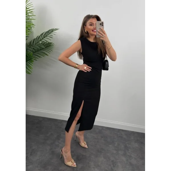 Kadın Askılı Kolsuz Belden Büzgülü Yırtmaçlı Midi Janjan Krep Elbise