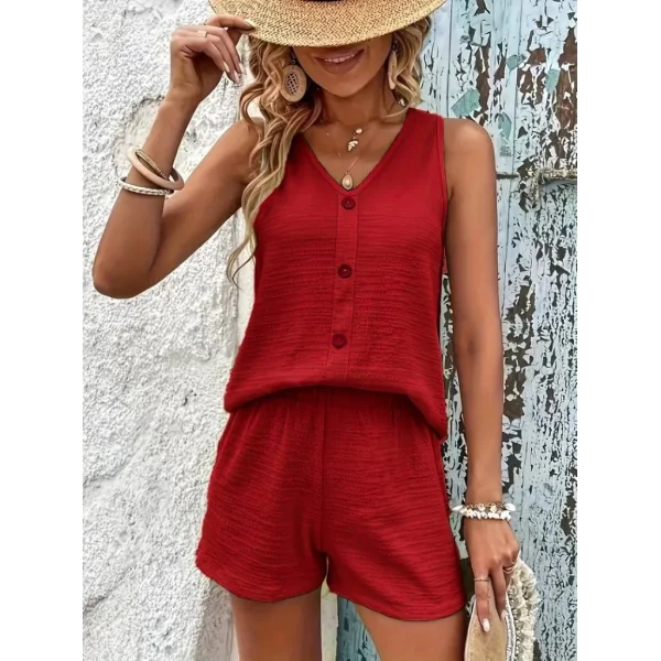 Kadın Askılı Kolsuz V Yakalı önden Düğmeli Bürümcük Bluz Ve Short Ikili Takım