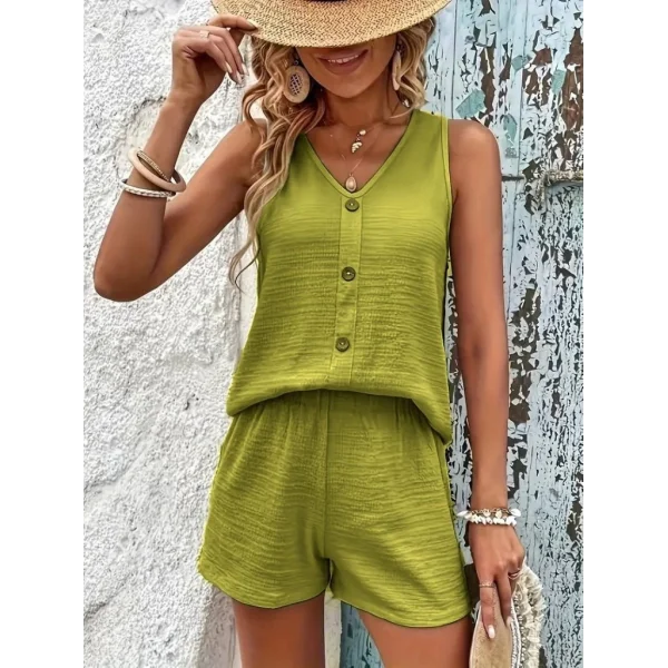 Kadın Askılı Kolsuz V Yakalı önden Düğmeli Bürümcük Bluz Ve Short Ikili Takım