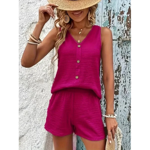 Kadın Askılı Kolsuz V Yakalı önden Düğmeli Bürümcük Bluz Ve Short Ikili Takım