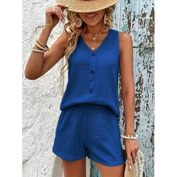 Kadın Askılı Kolsuz V Yakalı önden Düğmeli Bürümcük Bluz Ve Short Ikili Takım