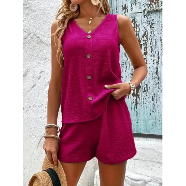 Kadın Askılı Kolsuz V Yakalı önden Düğmeli Bürümcük Bluz Ve Short Ikili Takım