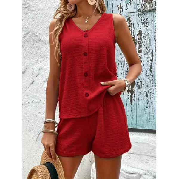 Kadın Askılı Kolsuz V Yakalı önden Düğmeli Bürümcük Bluz Ve Short Ikili Takım