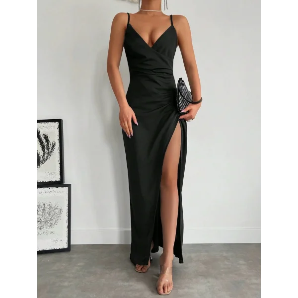 Kadın Askılı Kruvaze Yaka Derin Yırtmaçlı Krep Elbise