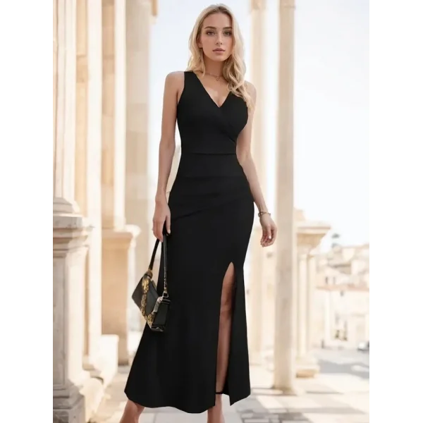 Kadın Askılı Kruvaze Yaka Yırtmaç Detaylı Janjan Krep Elbise