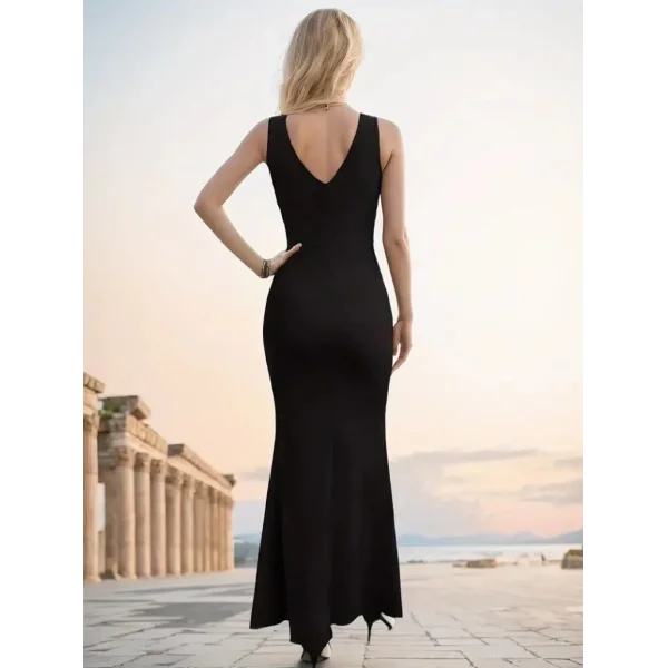 Kadın Askılı Kruvaze Yaka Yırtmaç Detaylı Janjan Krep Elbise