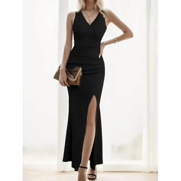 Kadın Askılı Kruvaze Yaka Yırtmaç Detaylı Janjan Krep Elbise