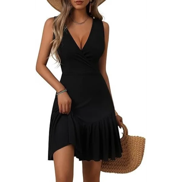 Kadın Askılı Kruvaze Yakalı Fırfırlı Janjan Krep Elbise