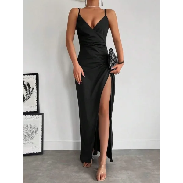 Kadın Askılı Kruvaze Yakalı Yırtmaçlı Krep Elbise