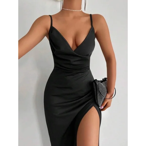 Kadın Askılı Kruvaze Yakalı Yırtmaçlı Krep Elbise