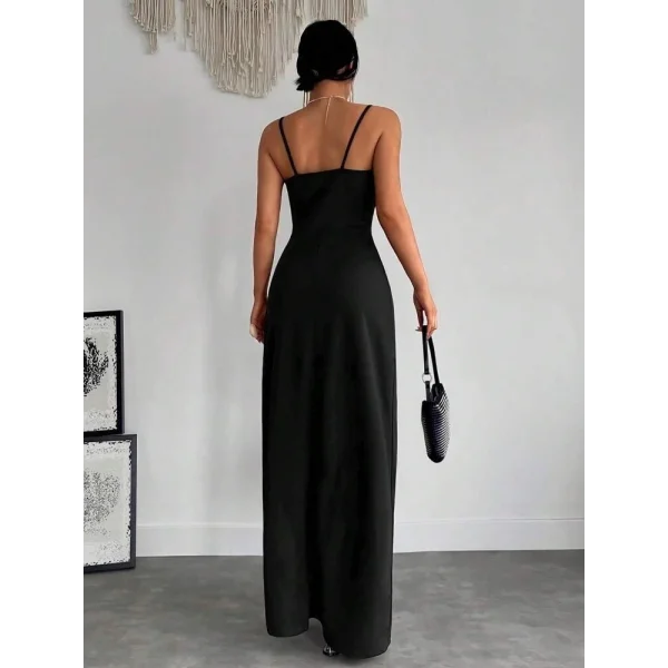 Kadın Askılı Kruvaze Yakalı Yırtmaçlı Krep Elbise