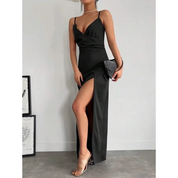 Kadın Askılı Kruvaze Yakalı Yırtmaçlı Krep Elbise