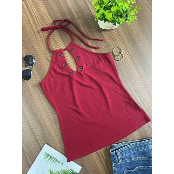 Kadın Askılı Kuş Gözü Ve Dekolte Detay Boyundan Bağlamalı Viskon Bluz