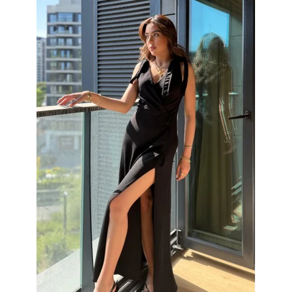 Kadın Askılı Omuzdan Bağlamalı Kruvaze Yakalı Uzun Yırtmaçlı Janjan Krep Elbise