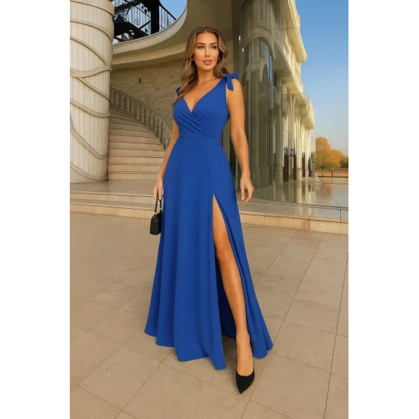 Kadın Askılı Omuzdan Bağlamalı Kruvaze Yakalı Uzun Yırtmaçlı Janjan Krep Elbise